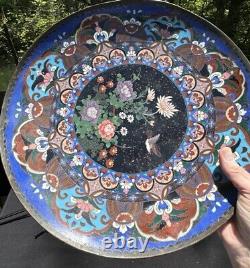 Rare 1800's Fine Antique Japanese Meiji Cloisonné Enamel Floral Bronze Plate 14