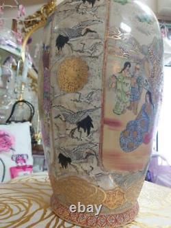 SATSUMA Large Vase 17.7in SAMURAI CRANE BIRD Japanese Antique MEIJI Era Fine Art