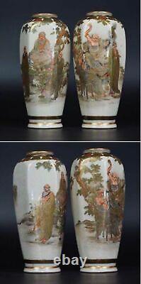 SATSUMA MONK FINE Paint Pair Vase Signed by NAGASUYAMA Antique MEIJI Japanese