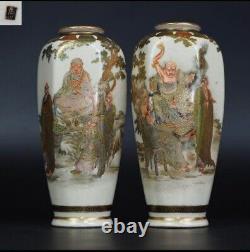 SATSUMA MONK FINE Paint Pair Vase Signed by NAGASUYAMA Antique MEIJI Japanese