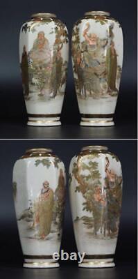 SATSUMA MONK FINE Paint Pair Vase Signed by NAGASUYAMA Japanese Antique MEIJI