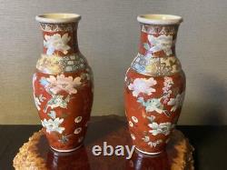 SPARROW BIRD Old SATSUMA Vase Pair Signed Antique MEIJI Era Fine Art Japanese