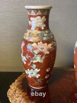 SPARROW BIRD Old SATSUMA Vase Pair Signed Antique MEIJI Era Fine Art Japanese