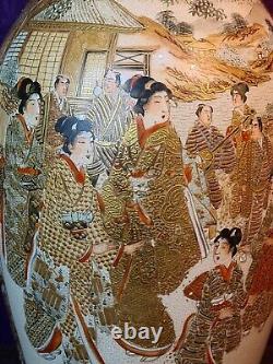 Satsuma Ware Meiji Period Vase with Samurai Geisha Fine Gilt Work
