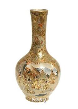 Satsuma Ware Vase Meiji Period with Samurai, Geisha & Rakan, Fine Gilt Work