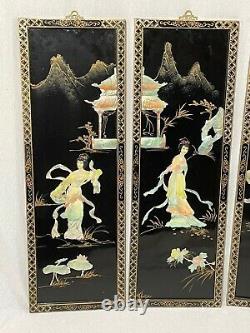 Set Fine 4 Japanese Shibayama Gilt Artworks Temple Geisha Lady's Wall Plaques