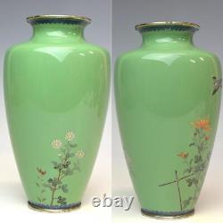 Shoraku Meiji Era Fine Silver Wire Cloisonne Flower Bird Vase 7 inch Very Good