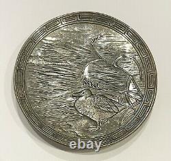 Small Japanese Silver Pin Tray Finely Carved with a Duck Design