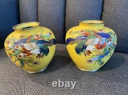 Spectacular fine pair yellow Japanese Cloisonne flying peacock vases
