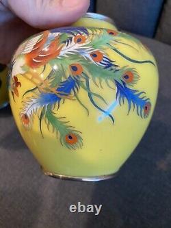 Spectacular fine pair yellow Japanese Cloisonne flying peacock vases
