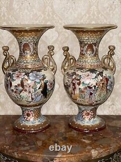 Tall Antique Pair of Vase Fine Satsuma Signed Japanese 39cm