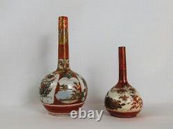 Two Fine Antique Japanese Kutani Bottle Vases Beautiful Butterfly Meiji Peacock