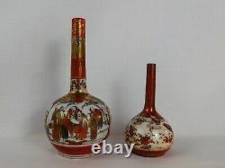 Two Fine Antique Japanese Kutani Bottle Vases Beautiful Butterfly Meiji Peacock