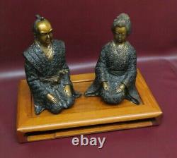 VERY FINE Japanese Bronze Sculpture Figures of Samurai & Wife on Wooden Platform