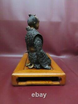 VERY FINE Japanese Bronze Sculpture Figures of Samurai & Wife on Wooden Platform