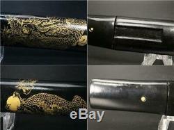 VG121 FINE Japanese Quite short sword & wooden black lacquer Dragon case# tsuba