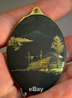 Very Fine Antique 19th c. Japanese Mt Fuji Damascene Locket w Mirror Meiji Japan