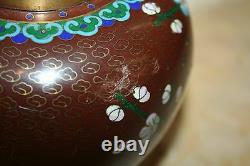 Very Fine Antique Japanese 6 Lidded Burgundy Plum Floral Cloisonne Ginger Jar