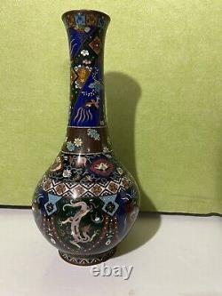 Very Fine Antique Japanese Meiji Cloisonne Vase Dragon & Phoenix 12