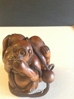 Very Fine Hand carved Japanese Rosewood See Hear Say No Evil Monkey Inro