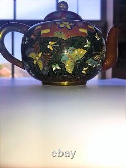 Very Fine Japanese Cloisonne Enamel Teapot With Butterflies Meiji