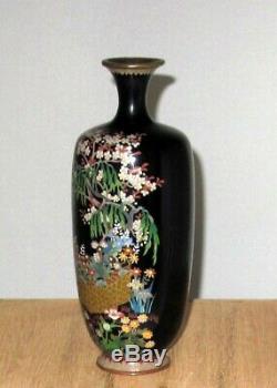 Very Fine Japanese Cloisonne Silver Wire Enamel Vase with Garden Scene