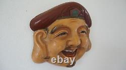 Very Fine Japanese Meiji Period Polychrome Mud Clay Mask Man with Brown Hat