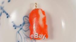 Vintage Antique Japanese Momo Red Coral KWAN YIN buddha PENDENT with 14K Gold