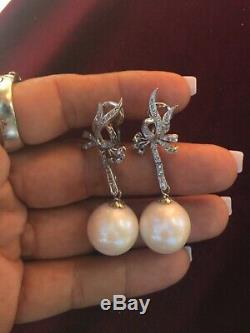 Vintage Antique Palladium Japanese Pearl 0.45 Carat Diamond Dangle Earrings