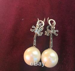 Vintage Antique Palladium Japanese Pearl 0.45 Carat Diamond Dangle Earrings