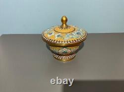 Vintage Fine JAPANESE Cloisonne Bowl w Lid Enamel on Bronze yellow & blue Motif