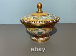 Vintage Fine JAPANESE Cloisonne Bowl w Lid Enamel on Bronze yellow & blue Motif