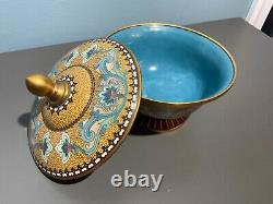 Vintage Fine JAPANESE Cloisonne Bowl w Lid Enamel on Bronze yellow & blue Motif