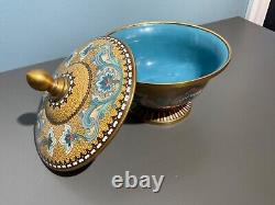 Vintage Fine JAPANESE Cloisonne Bowl w Lid Enamel on Bronze yellow & blue Motif