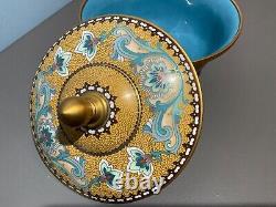 Vintage Fine JAPANESE Cloisonne Bowl w Lid Enamel on Bronze yellow & blue Motif