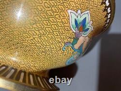 Vintage Fine JAPANESE Cloisonne Bowl w Lid Enamel on Bronze yellow & blue Motif