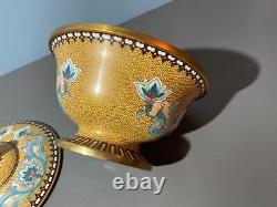 Vintage Fine JAPANESE Cloisonne Bowl w Lid Enamel on Bronze yellow & blue Motif