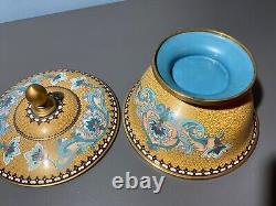 Vintage Fine JAPANESE Cloisonne Bowl w Lid Enamel on Bronze yellow & blue Motif