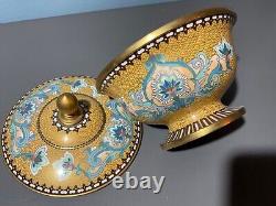 Vintage Fine JAPANESE Cloisonne Bowl w Lid Enamel on Bronze yellow & blue Motif