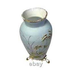 Vintage Japanese Fine Porcelain Light Blue Vase Bouquet Leaves Gold Rim 13H