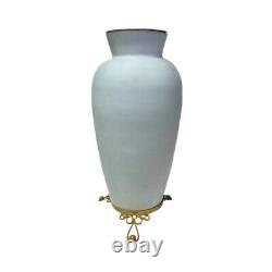 Vintage Japanese Fine Porcelain Light Blue Vase Bouquet Leaves Gold Rim 13H