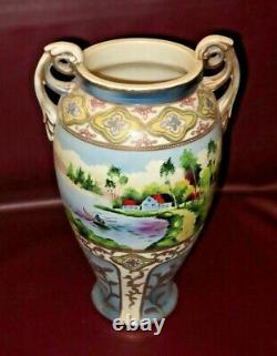 Vintage Large Miako Hand Painted Fine Japanese Nippon Beaded Porcelain Urn Vase